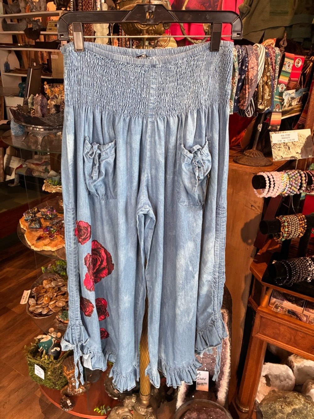 Light Blue Floral-Accent Wide Leg Smocked Waist Pants - Picture 2 of 5